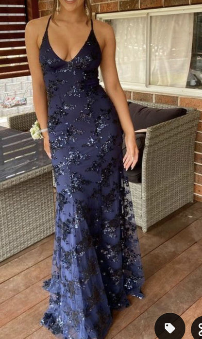Elegant Mermaid Halter Sleeveless Navy Blue With Lace Long Sequins Backless Prom Dresses Vestidos De Dia AB559