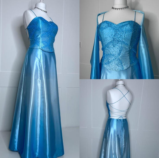 Vintage Y2K A line 2000s Blue Ombre Gown Gradient Colors Spaghetti Strap Formal Dress 21st Birthday Prom Dresses N2412