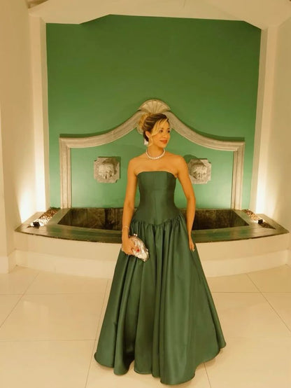 Chic A line Strapless Olive Green Satin Basque Waist Corset Sleeveless Evening Formal Prom Dresses AB452