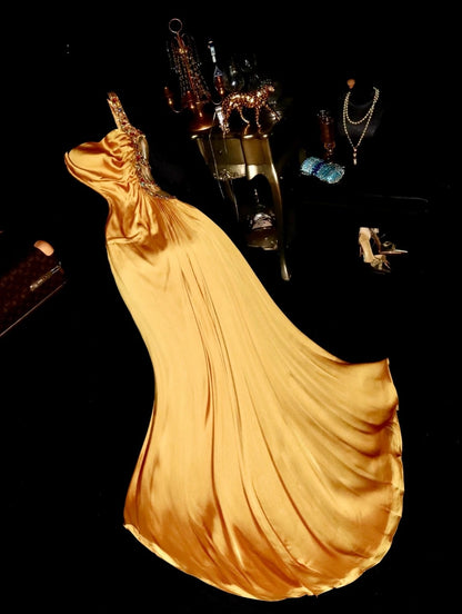 Sophisticated Mermaid One Shoulder Gold Satin With Beaded School Dances Prom Dresses 8th Grade Formal Outfits Evening Gown RB8443