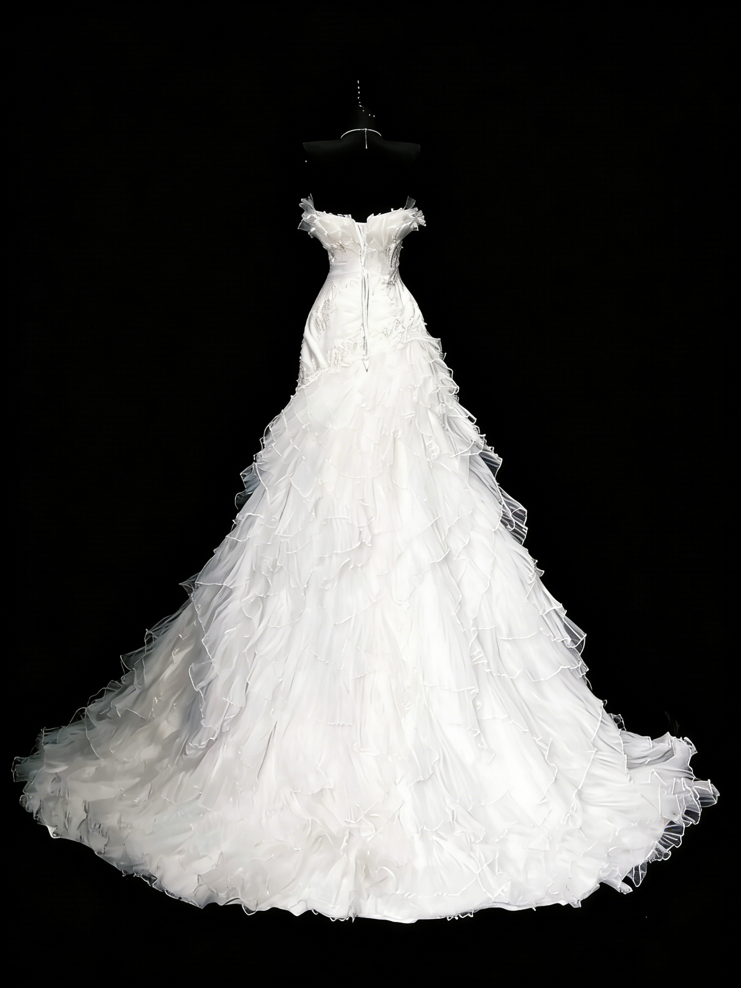Vintage 80s Wedding Dresses Mermaid Strapless Tulle White Ruched Layers Long Brides Dress Fitted Bridal Gown N1208