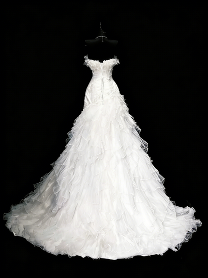 Vintage 80s Wedding Dresses Mermaid Strapless Tulle White Ruched Layers Long Brides Dress Fitted Bridal Gown N1208