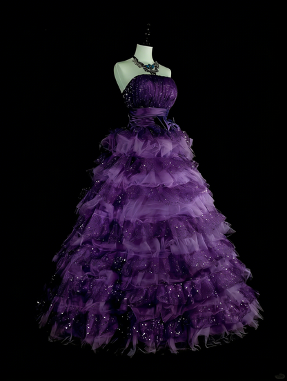 Vintage Ball Gown Strapless Purple Tulle Tiered Layers Sweet 16 Dresses Quinceanera Dress Long 15 Vestidos De Fiesta N1496