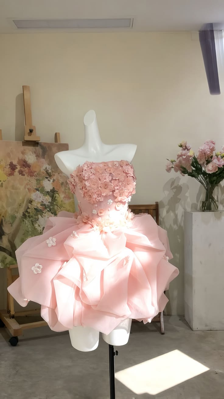 Pretty Ball Gown Strapless Pink With 3D Flowers Homecoming Dress Inspo Short Graduation Dresses RB6845