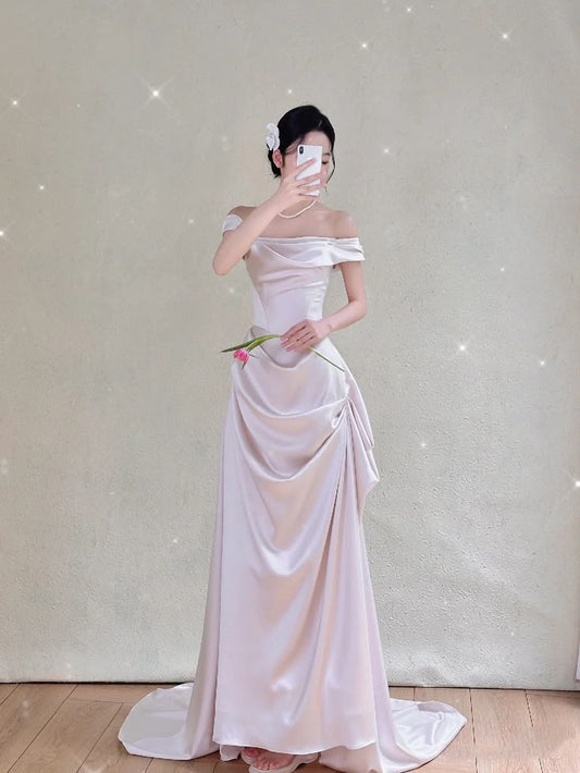 Modest Mermaid Off The Shoulder Fitted Corset Light Pink Long Wedding Dress Bride Gowns Wedding Dresses AB040