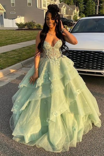 Elegant Sage Prom Dress Floral Tiered Ruffles Ball Gown Sweetheart Corset Long Formal Dress AB481