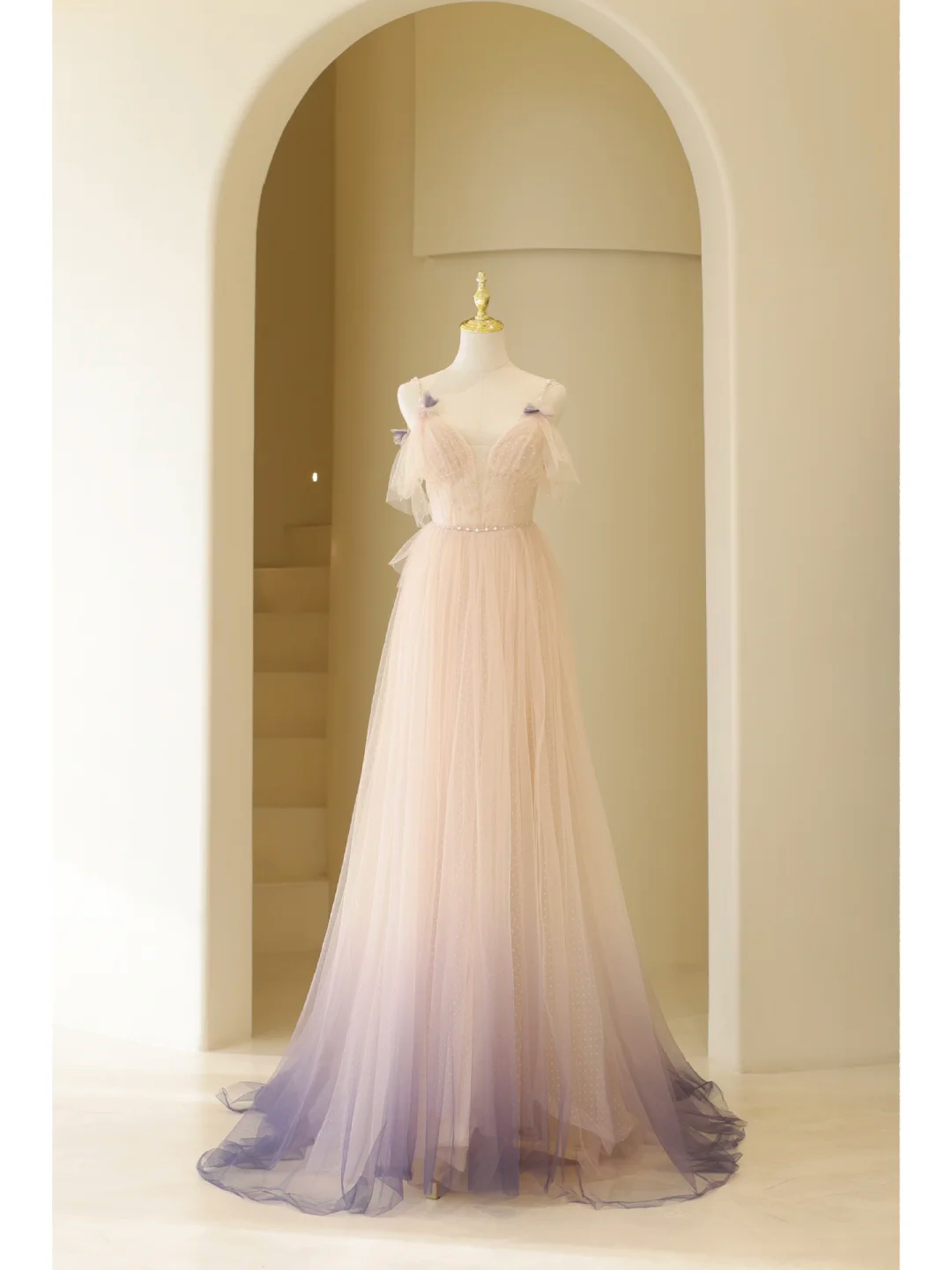 Cute A Line V Neck Pink Ombre Grape Tulle Long Prom Dresses Impress 19th Birthday Outfits Prom Gown AB870