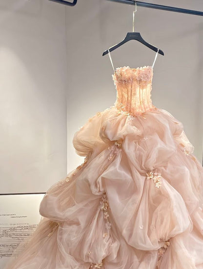 Cute Ball Gown Strapless Blush Pink Tulle Flowers Long Prom Dress Sweet 15 16 Dresses AB595