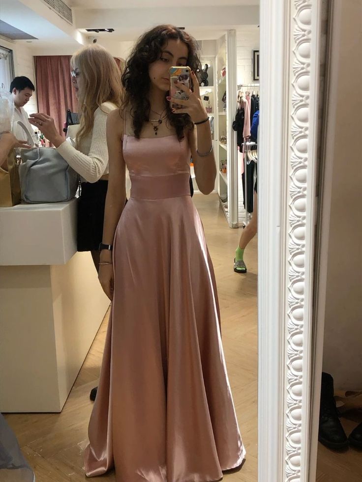 Simple A Line Spaghetti Straps Pink Satin Sleeveless Floor Length Long 2026 For Teens Prom Dresses AB622