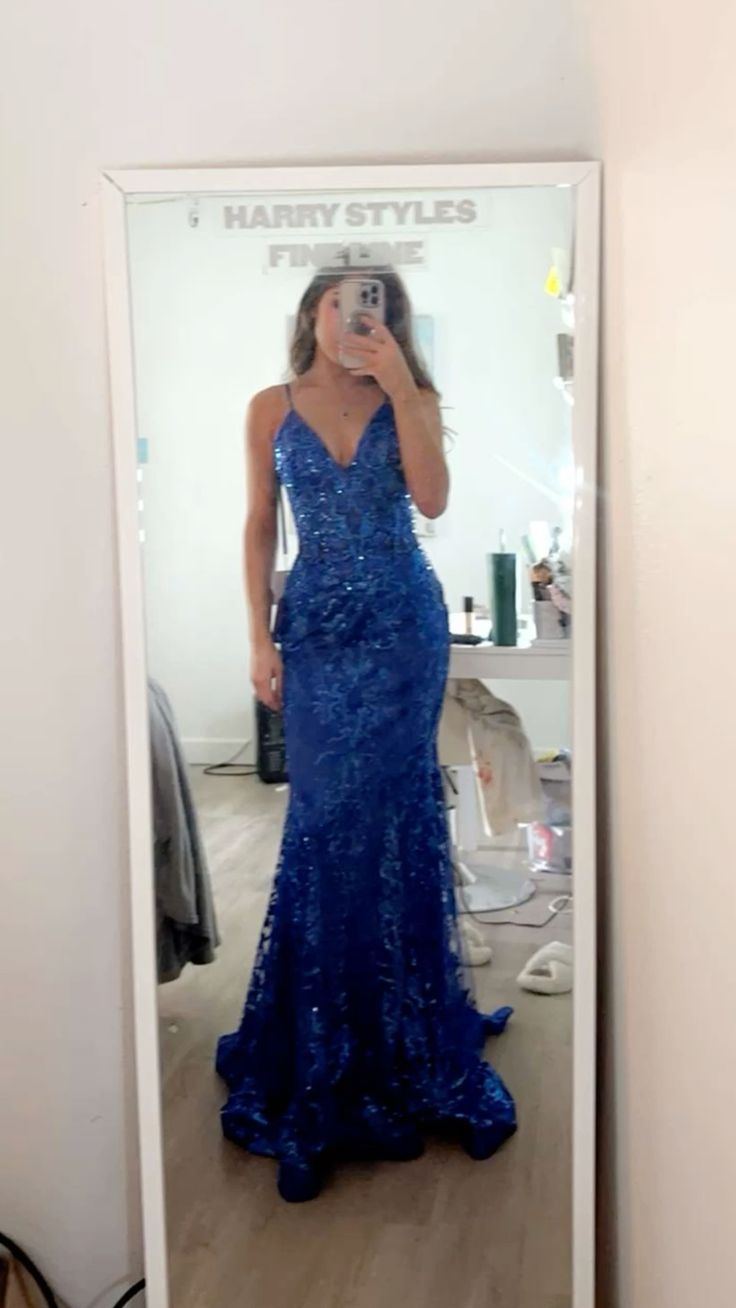 Fitted Mermaid Spaghetti Straps Royal Blue Sequins Long Sleeveless Floor Length Prom Dresses AB633