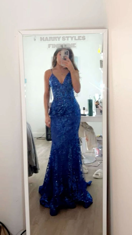 Fitted Mermaid Spaghetti Straps Royal Blue Sequins Long Sleeveless Floor Length Prom Dresses AB633