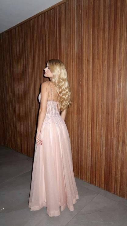 Spaghetti Straps Pink Tulle Corset Fitted Back A line Long Formal Party Dress For Teens Prom Dresses AB626