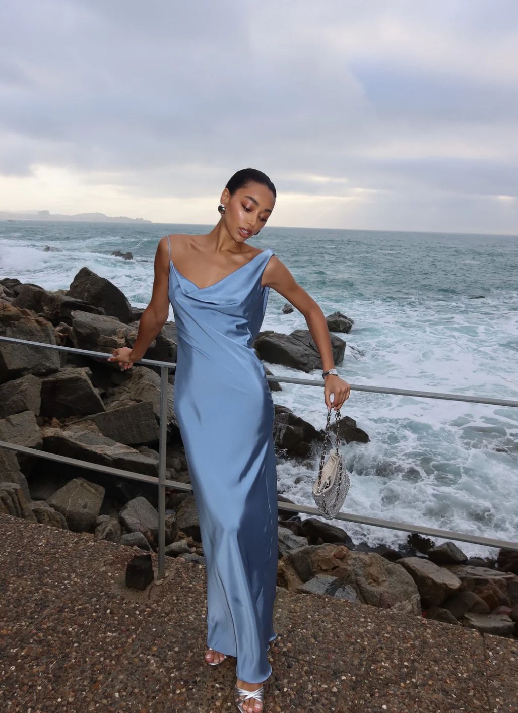 Simple Sheath Blue Backless Satin Long Prom Formal Dresses N2495
