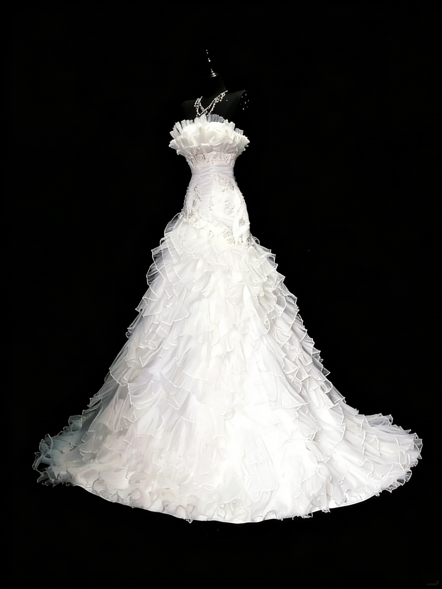 Vintage 80s Wedding Dresses Mermaid Strapless Tulle White Ruched Layers Long Brides Dress Fitted Bridal Gown N1208
