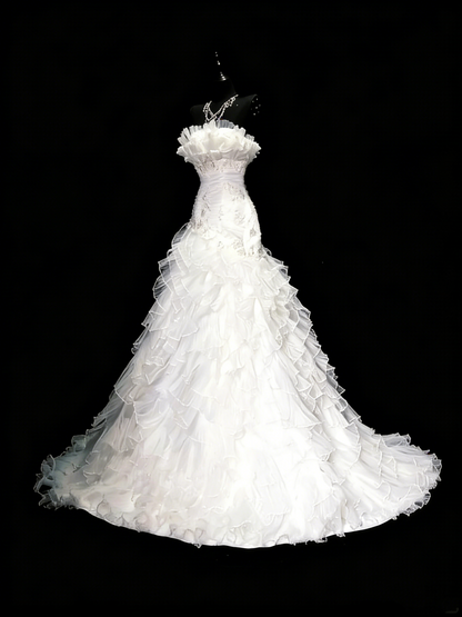Vintage 80s Wedding Dresses Mermaid Strapless Tulle White Ruched Layers Long Brides Dress Fitted Bridal Gown N1208