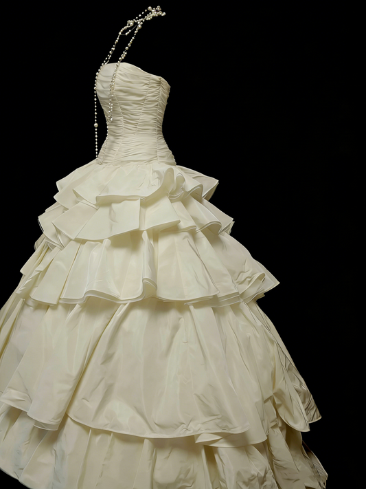 Vintage Night Aesthetic Ball Gown Strapless Ivory Satin 90s 80s College Formal Sweet 16 Outfit Long Prom Dresses For Teens N1161
