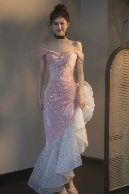 Elegant Mermaid Off The Shoulder Pink With Short Sleeves Formal Dress  Sequin Birthday Prom Dresses N2816