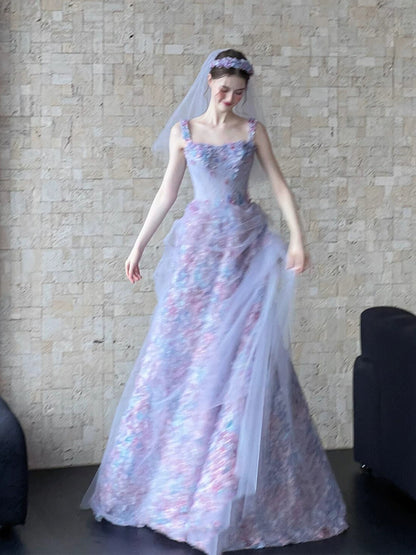 Princess Ball Gown Square Neck Lilac Lace Floral Long Prom Dress Fashion Aesthetic For Teens Formal Dresses Party Outfits Prom Gown AB2222