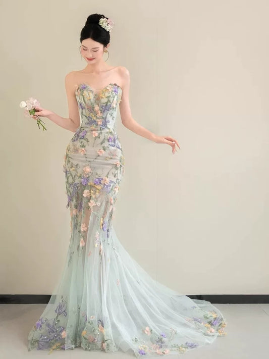 Princess Mermaid Sweetheart Lace Floral Long Prom Dress Fashion Aesthetic For Teens Formal Dresses Party Outfits Prom Gown AB2221