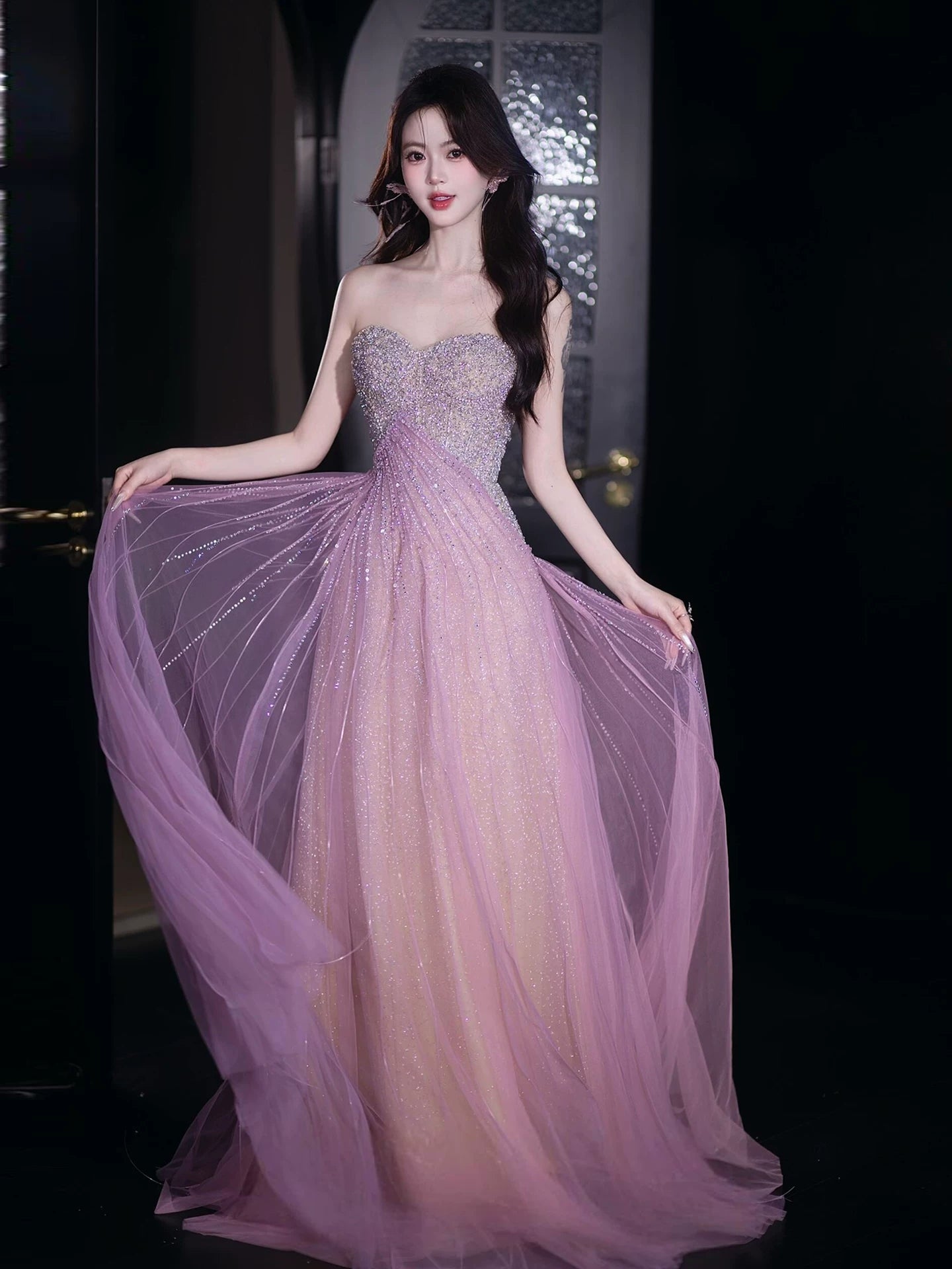 Glittery A Line Sweetheart Tulle Sequins Sleeveless Lilac Prom Dresses Inspiration Long Night Outfits Birthday Outfits AB2213