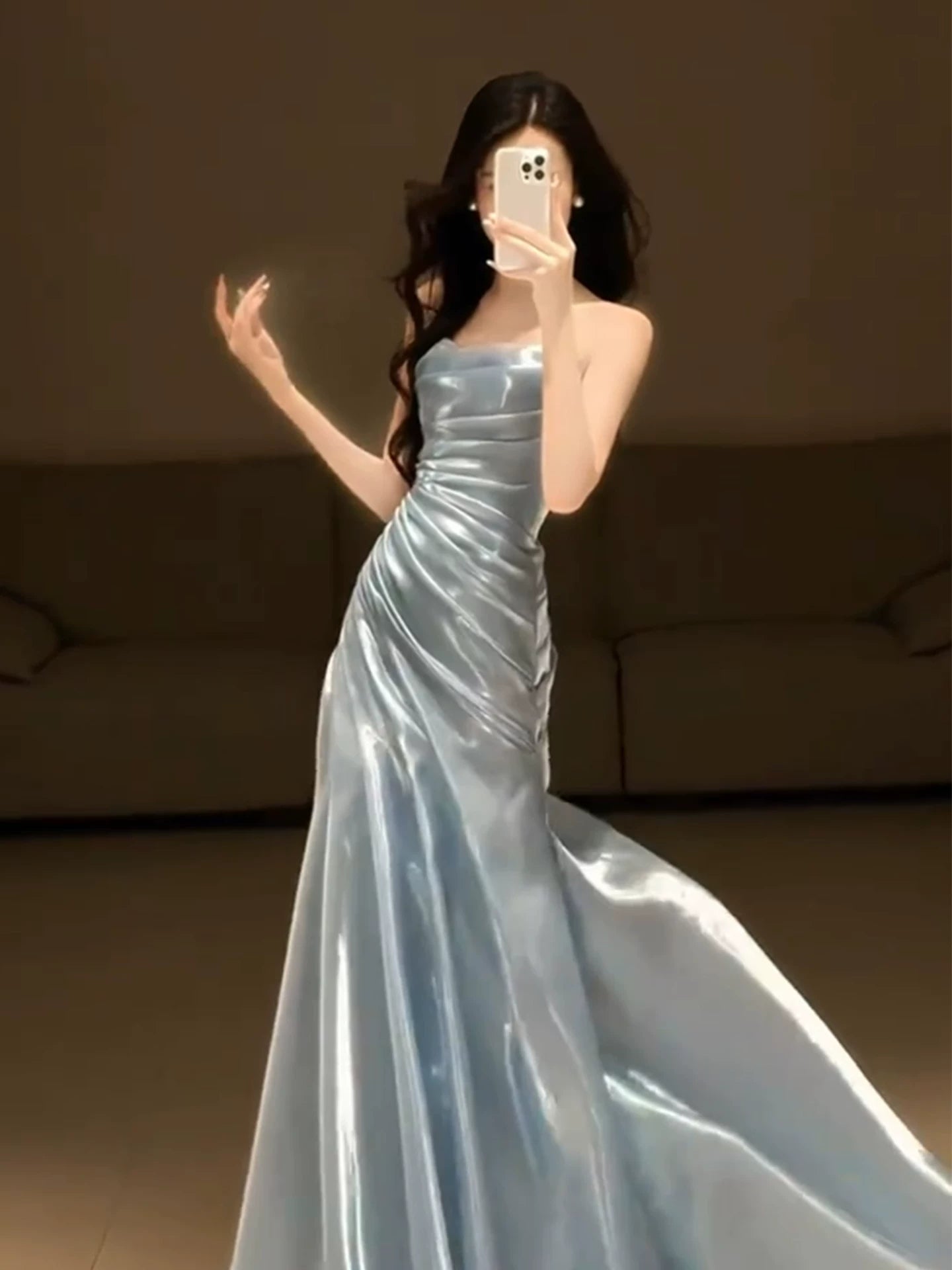 Glitter Mermaid Strapless Light Blue Sleeveless Prom Dresses Inspiration Long Night Outfits 18th Birthday Outfits AB2219