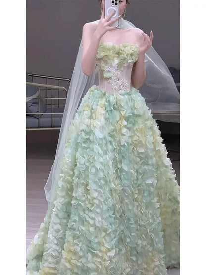 Princess Ball Gown Strapless Green Floral Tulle With Scarf Prom Dress Fashion Aesthetic For Teens Formal Dresses Party Outfits Prom Gown AB2216