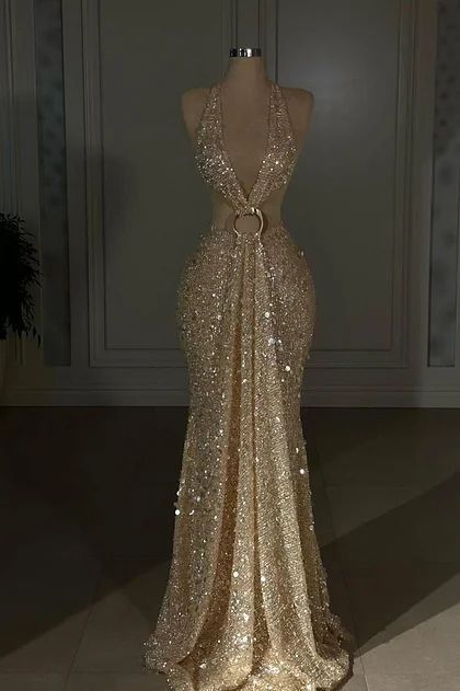 Gorgeous Evening outfit Mermaid Halter Sequin Gold Prom Dresses Long Formal Dress RC1411