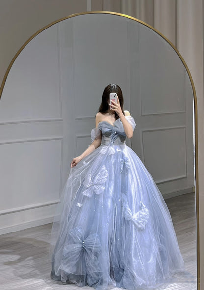 Charming Ball Gown Sweetheart Blue Tulle Long Prom Dresses Formal Party Dress Prom Gown AU112