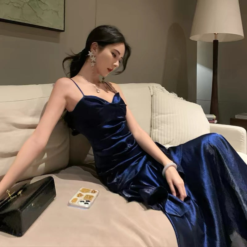 Vintage Navy Blue Exquisite Long Satin Mermaid Evening Dress Prom Dress Princess Formal Dress N780