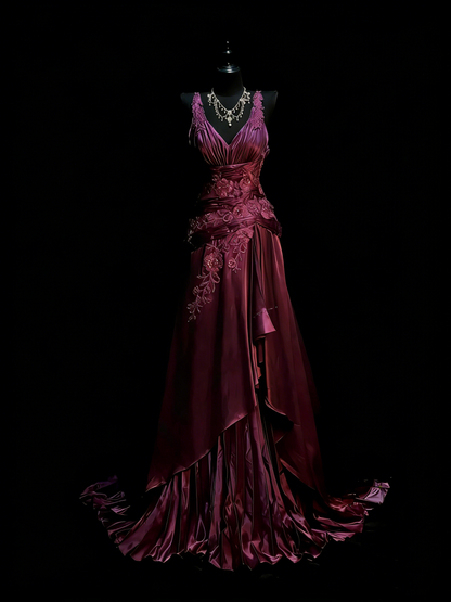 Vintage A Line V Neck Grape Satin With Beadings Lace Floor Length Inspiration Long Prom Dresses N1202