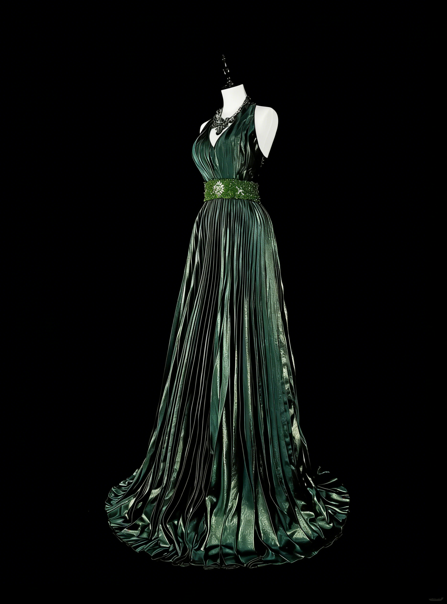 Vintage A Line Halter Green Pleated With Beads Sleeveless 80s Prom Dresses Long Formal Party Gown N1465