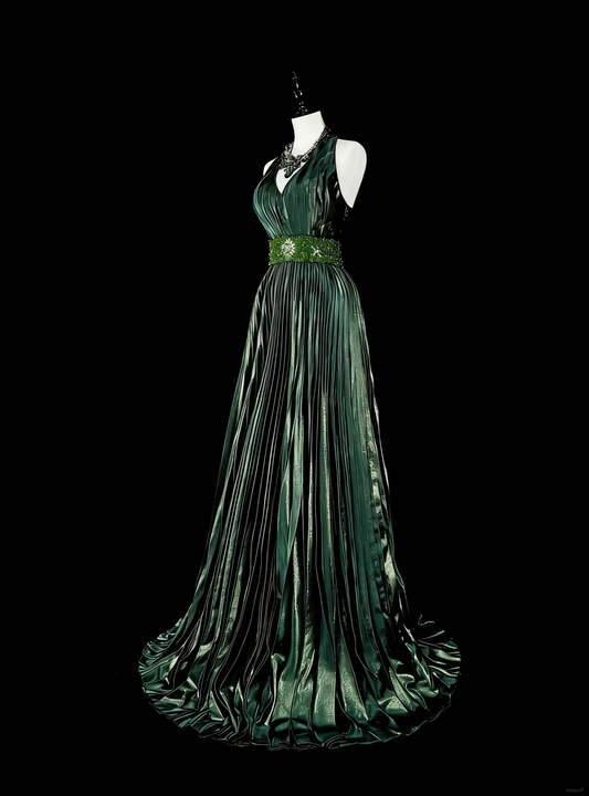 Vintage A Line Halter Green Pleated With Beads Sleeveless 80s Prom Dresses Long Formal Party Gown N1465