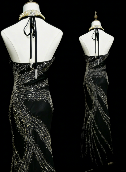Vintage Mermaid V Neck Black With Beading Summer Formal For Women Girls Teens Prom Dresses N2232