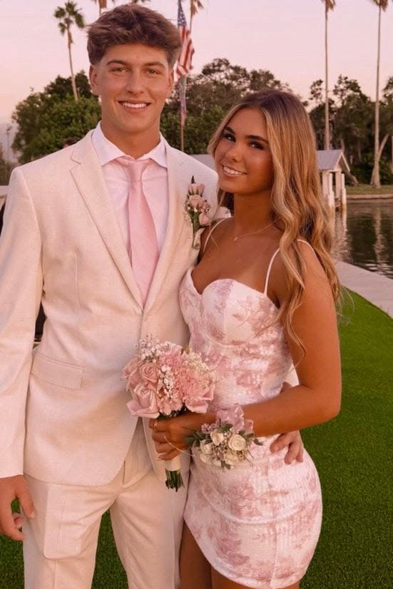 Pretty Sheath Spaghetti Strap Pink Floral Mini Dress Homecoming Dresses University Ideas Inspo Short Hoco Court Gowns RB7244