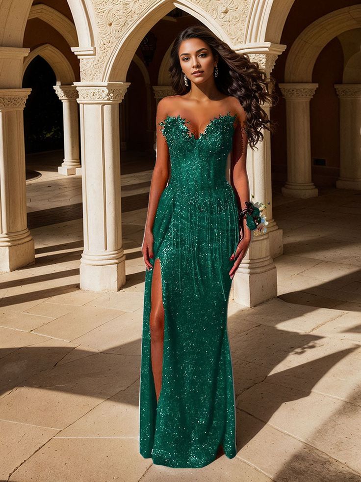 Red Strapless Beaded Fringe Waist Sequin Prom Dress with High Slit For Women AB1546