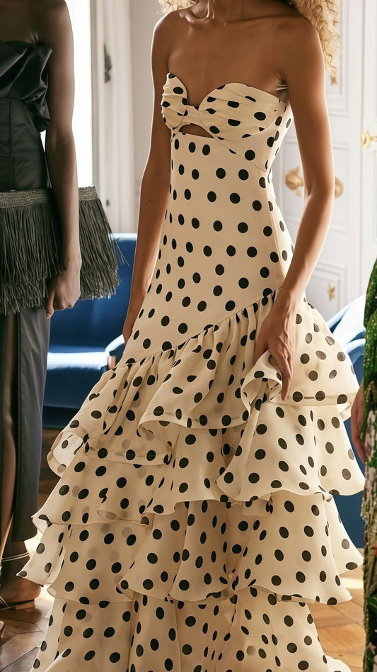 Sweetheart Black Polka Dots Chiffon Prom Dresses With Pleated And Ruffles Formal Dresses N592