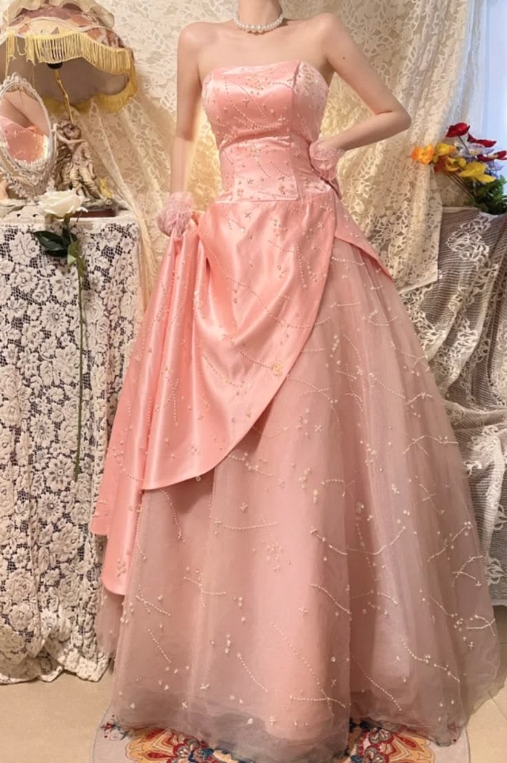 Modest Beaded Sleeveless A-Line Strapless Pink Long Prom Dress Formal Dresses N588