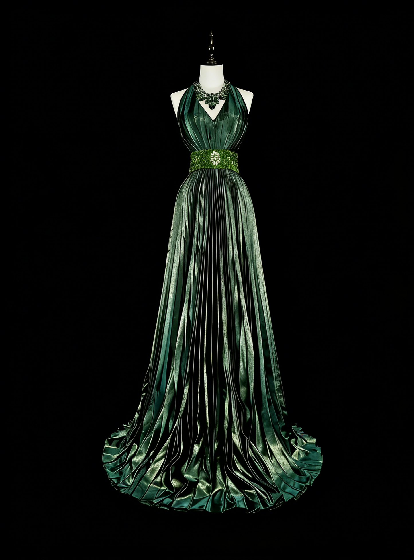 Vintage A Line Halter Green Pleated With Beads Sleeveless 80s Prom Dresses Long Formal Party Gown N1465