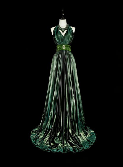 Vintage A Line Halter Green Pleated With Beads Sleeveless 80s Prom Dresses Long Formal Party Gown N1465