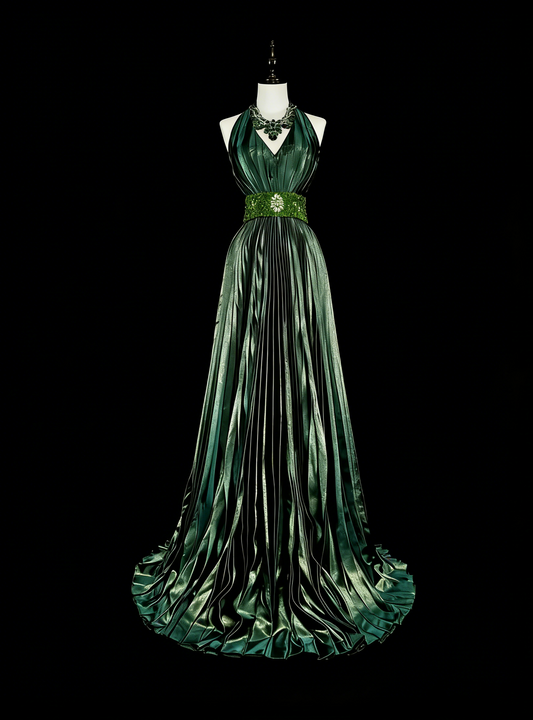 Vintage A Line Halter Green Pleated With Beads Sleeveless 80s Prom Dresses Long Formal Party Gown N1465