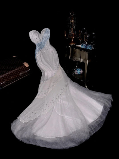 Luxurious Mermaid Sweetheart White Tulle With Blue Beading School Dances Prom Dresses 8th Grade Formal Outfits Evening Gown RB8443