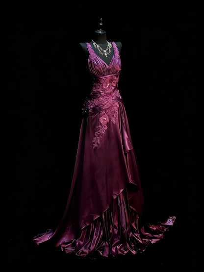 Vintage A Line V Neck Grape Satin With Beadings Lace Floor Length Inspiration Long Prom Dresses N1202