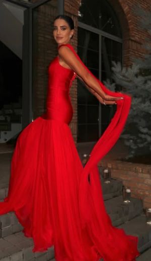 Simple Mermaid Strapless Red Sleeveless Chiffon Simple Evening Formal Prom Dresses With Scarf AB448