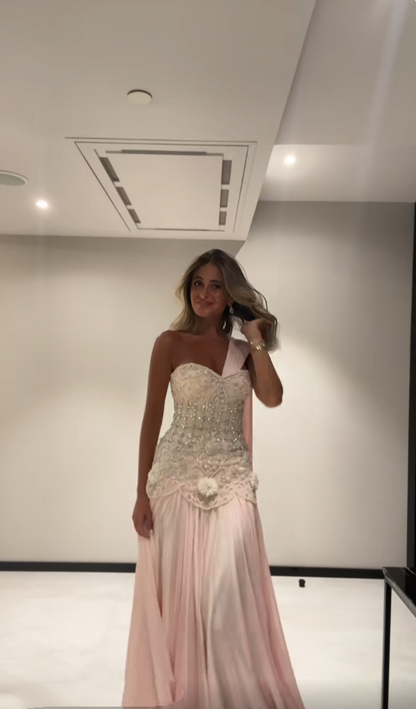 Luxurious Mermaid One Shoulder Pink Chiffon Sleeveless Beadings Floor Length Prom Dress Graduation Gown N889