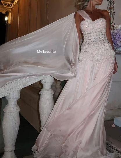 Exquisite Mermaid One Shoulder Pink Chiffon With Silver Beaded Prom Dresses Long Party Dress 18th Birthday Outfits Prom Gown RB1345
