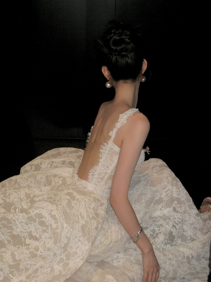 Shimmer Mermaid Square Neck White Lace Wedding Dress With Train Fairytale Brides Gown Wedding Dresses N061