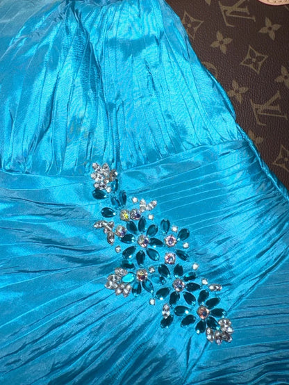 Sophisticated Mermaid V Neck Blue Taffeta With Ruffled School Dances Prom Dresses 8th Grade Formal Outfits Evening Gown RB8444