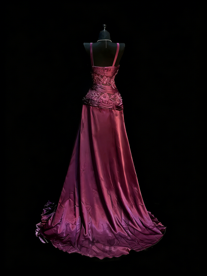 Vintage A Line V Neck Grape Satin With Beadings Lace Floor Length Inspiration Long Prom Dresses N1202