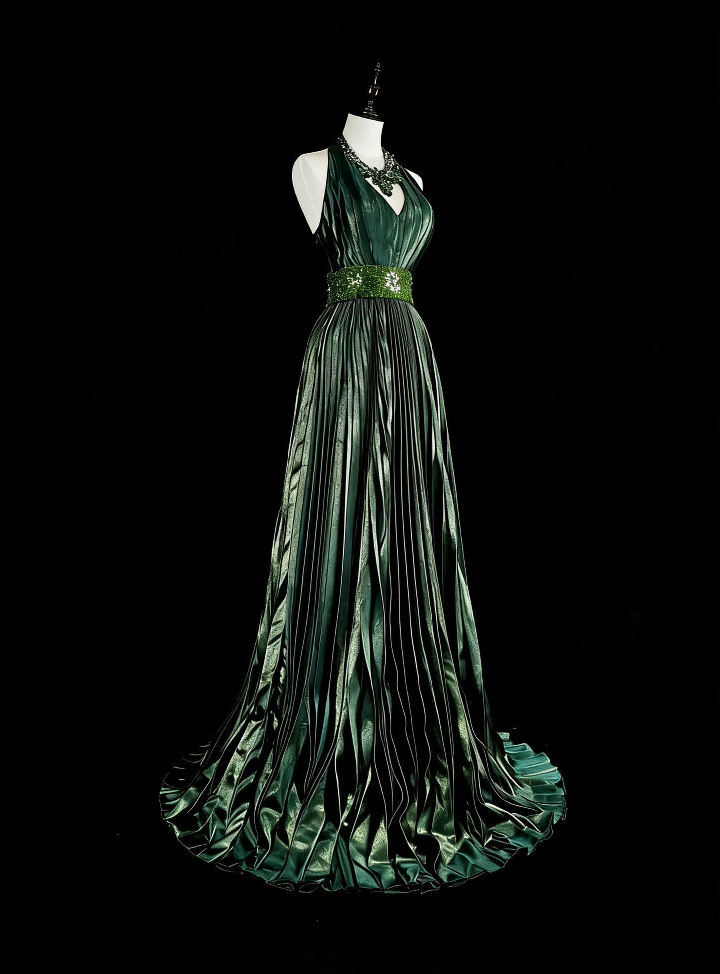 Vintage A Line Halter Green Pleated With Beads Sleeveless 80s Prom Dresses Long Formal Party Gown N1465