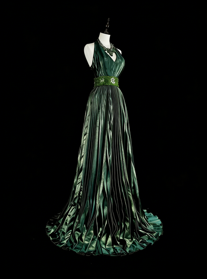 Vintage A Line Halter Green Pleated With Beads Sleeveless 80s Prom Dresses Long Formal Party Gown N1465